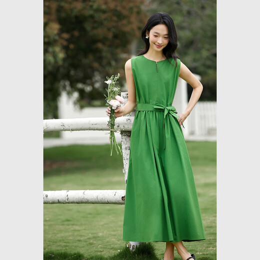 Vanciman French 100% cotton dress for women 2025 summer new high-end waisted sleeveless vest long skirt A1656 Scheller Green XL