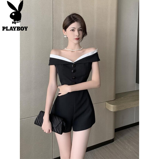 花花公子;PLAYBOY夏季新款法式小个子感气质女神范连身衣裤一字肩连体短裤套装 黑色 S
