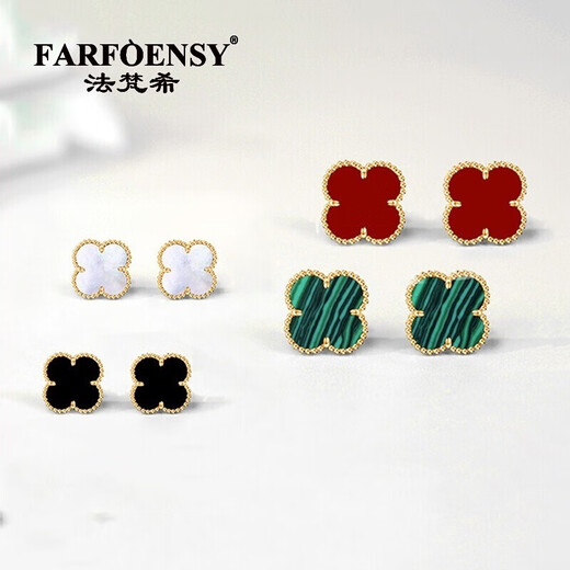 Fafanxi brand 18K color gold four-leaf clover earrings new fashion ear buckle earrings rose gold earrings for women Christmas gift four-leaf clover black agate 12MM