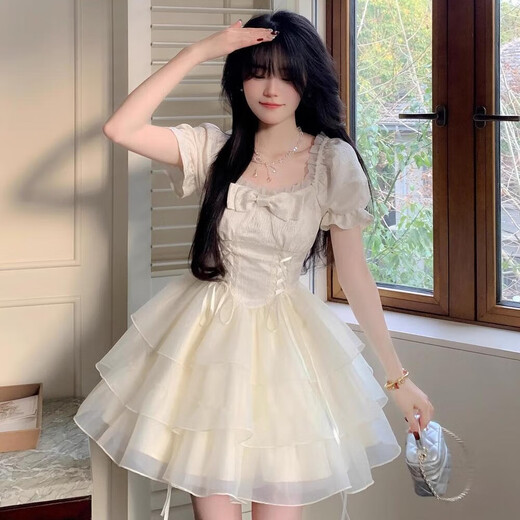亨美初白色法式连衣裙裙子女夏季2025新款高级感小个子减龄纯欲礼服短裙 蝴蝶结提花仙女感公主蓬蓬裙 L 【建议80-115斤】