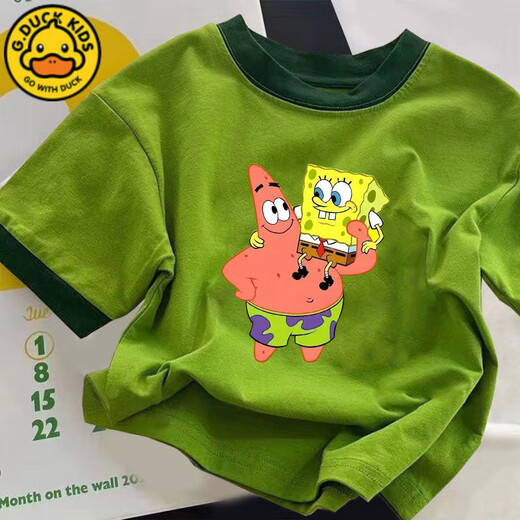 G.DUCKKIDS男童女童纯棉短袖T恤夏季新款卡通海绵宝宝半袖儿童洋气上衣t 673绿色【派大星抱 海绵宝宝】 120