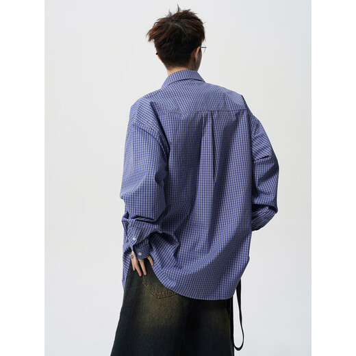 OEMG high-end blue plaid long-sleeved shirt for men in summer and autumn American lapel trendy brand casual loose jacket blue XL recommended 110-130Jin Jin equals 0.5 kg