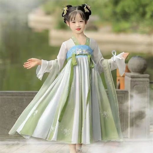 【1369人收藏】汉服女童2025儿童古装中国风超仙唐装古风公主女孩 夏幽长袖（送披帛+赠品 120