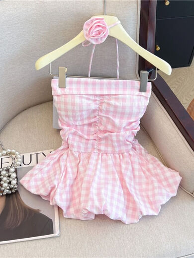 Banfishi sweet pink plaid tube top for women's summer outer wear three-dimensional flower ribbon halter neck wrap skirt small top yellow S