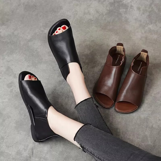 Sandales en bouche de poisson rouges de libellule pour femmes 2025 Été réel cuir doux rétro maman décontractée sandales en cuir plate glissade chaussures de plage romaine marron 35
