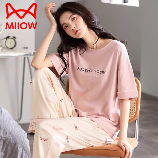 猫人（MiiOW）睡衣女款夏季2025新款纯棉薄款宽松家居服短袖长裤休闲可外穿套装 7374 M 【建议80-105斤】