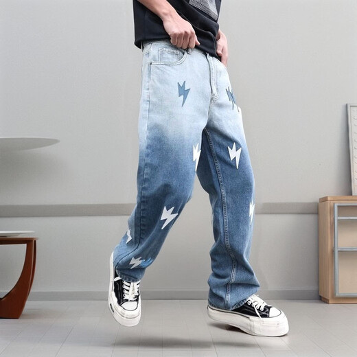 Patch Lightning Men's 2025 Marca de celebridades de Internet Retro American Retro europeo y americano a la moda suelta los pantalones de pierna ancha azules y blancos 1315-6 XL recomendado 145-165Jin [Jin iguala 0.5 kg]