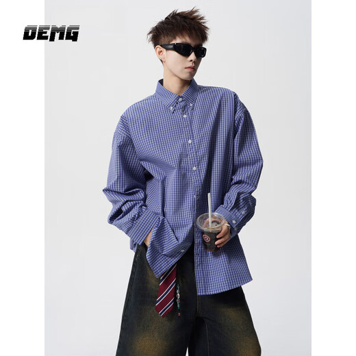 OEMG high-end blue plaid long-sleeved shirt for men in summer and autumn American lapel trendy brand casual loose jacket blue XL recommended 110-130Jin Jin equals 0.5 kg