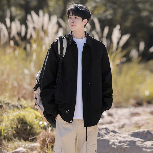 IZEXX lapel coat men's autumn Barn style trendy casual tops loose youth jacket HZ10 amber black L