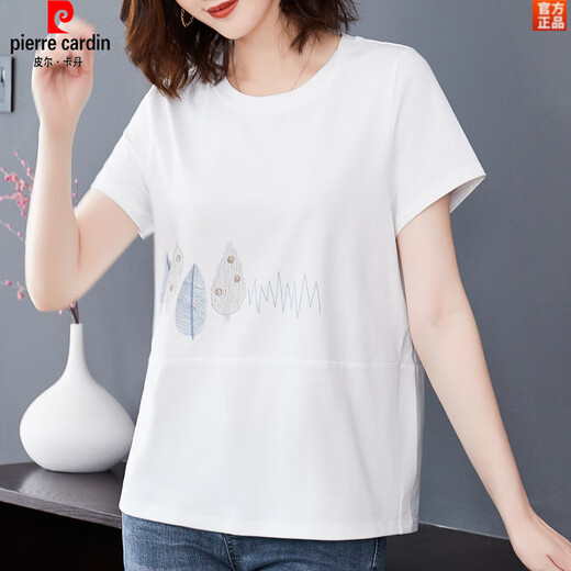 皮尔卡丹（pierre cardin）加肥加大码短袖t恤女士夏薄款棉宽松中年妈妈棉汗衫白色上衣 黑色KSP-9896款 L 适合100-120斤