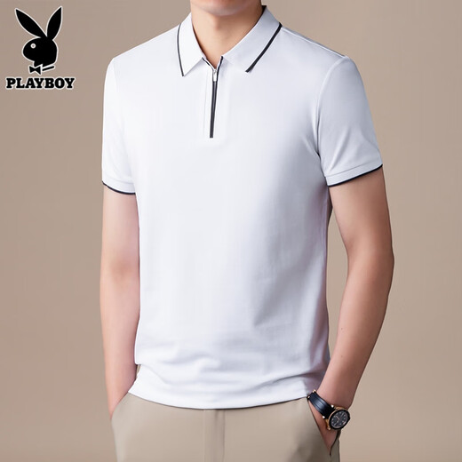 花花公子（PLAYBOY）高端半拉链Polo衫男士短袖t恤夏季新款宽松冰丝半袖上衣服男T舒适 FYMB9276草绿色 3XL 【161-170斤】
