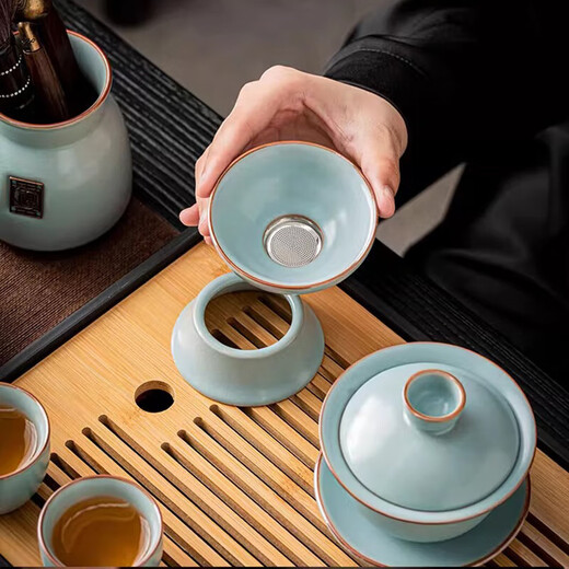 Ru kiln kung fu tea set high-end tea making azure teapot tea cup home office tea making 12 head azure Ru kiln Xishi teapot