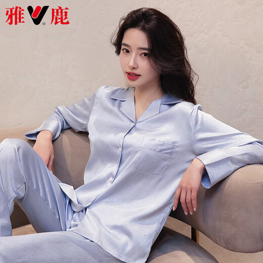 雅鹿轻奢睡衣女春夏季冰丝长袖感可外穿新款夏天宽松家居服套装 6623浅蓝 M