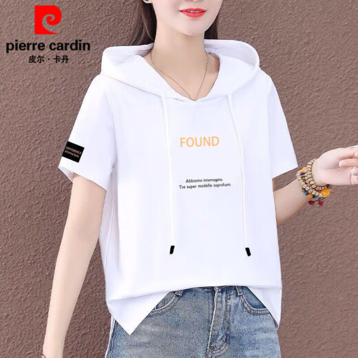 Pier Cardin pure cotton hooded short-sleeved T-shirt for women 2025 summer new Korean style fashionable loose thin casual versatile top for women 693 short-sleeved sweatshirt M [100Jin [Jin equals 0.5 kg] below]