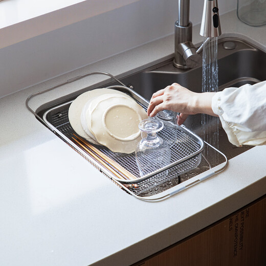 Shuangshan 304 stainless steel drain basket retractable kitchen sink vegetable basket household fruit basket drain rack medium size - telescopic length 31.5~48.5 width 20.5 height 7cm