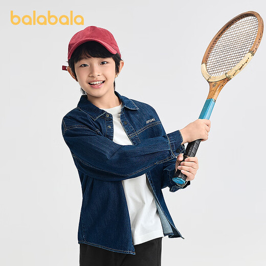 Balabala children's shirt boys and girls long-sleeved big children 2025 new autumn clothing cotton denim fashionable and versatile denim dark blue 88301 120