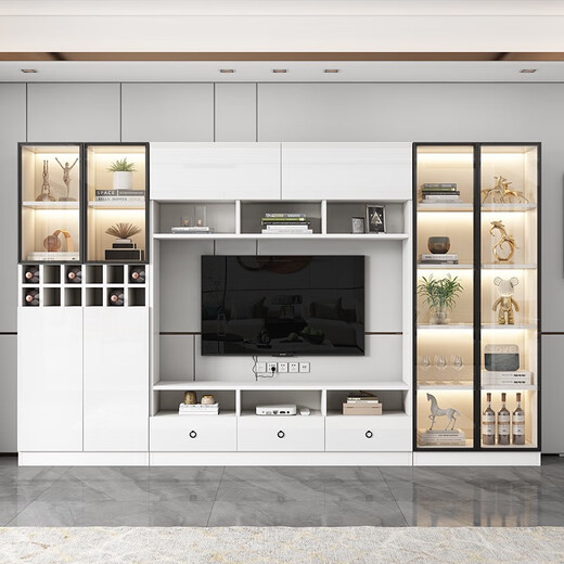TV cabinet background wall cabinet integrated solid wood storage cabinet storage cabinet customized living room TV cabinet Jiangyuyuan style 14380*210*35cm door-to-door installation