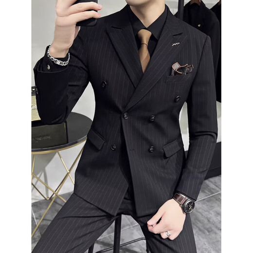 CEO Yageol Anzug Herrener Britisch-Slim-Fit-Geschäft Pendeln formelle Kleidung gestreiftes Licht Luxusanzug dreiteiliger Set Bräutigam Knoten Schwarzer Anzug + Hosen, schwarzes Hemd und Krawatten 46