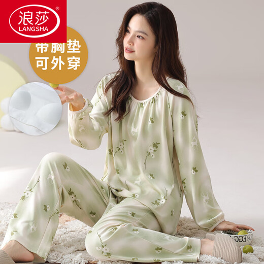 LangSha (LangSha) Spring and Autumn Long Sleeve Large Size Pajama Set Women's Cotton with Chest Pad Integrated Chinese Style Home Furnishing Clothes Student Loose Summer and Winter HRY1049 M (Suggested 75-95 Jin [Jin equals 0.5 kg])