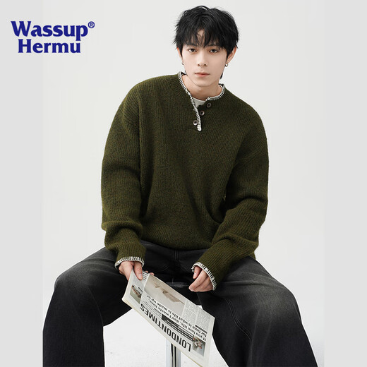 WASSUP HERMU official sweater men's autumn and winter retro atmosphere sweater niche design Henry collar lazy top jacket apricot L (recommended 130-150Jin Jin equals 0.5 kg)