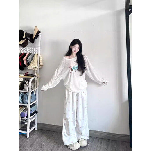 韩系慵懒卡通狗印花长袖T恤防晒宽松薄纱罩衫上衣GXXX97-60027-1 白色 M