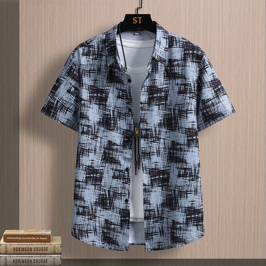 南极人（Nanjiren）夏季新品冰丝短袖衬衫男韩版时尚花衬衣百搭外穿 JT7027蓝色 M 90-109斤