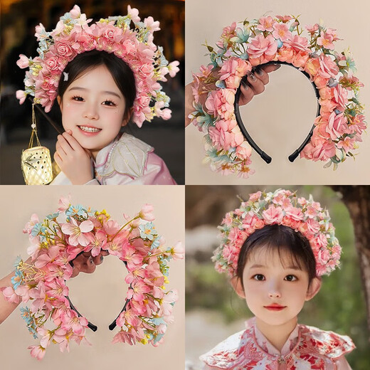 Half hairpin flower headband, children's hair accessories, ancient style Hanfu accessories, ethnic style headdress, flower headband, garland hair accessories, pink hairpin flower headband