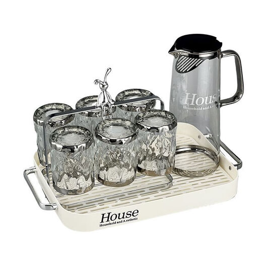 GUIG light luxury cold kettle household water utensil set living room high borosilicate glass cold kettle cup high temperature resistance large capacity light luxury silver-plated water ripple cup - four pieces