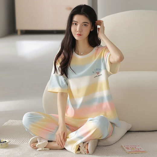 Meng Xinsheng Pyjamas für Frauen im Sommer im Sommer Pure Cotton Kurzärmelhosen Dünne Baumwoll-Sommer-Runde Hals-Kleidungsset können außerhalb von Hose mit Kurzärärmern getragen werden: YZT9720 m