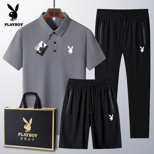 Playboy (PLAYBOY) dad summer suit for middle-aged and elderly casual ice silk POLO. shirt short-sleeved T-shirt 40-60 years old clothes Medium gray 6629 [shorts] suit M wear 95-110Jin [Jin equals 0.5 kg]