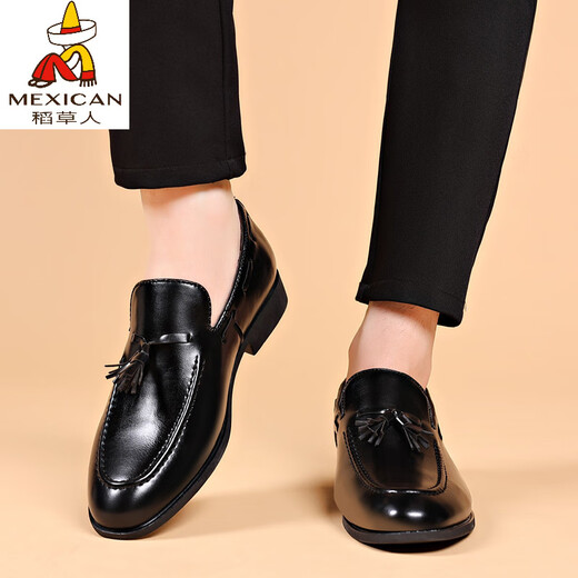 Scarecrow (MEXICAN) matte suit men's leather shoes men's flat shine formal wear youth pointed toe casual wedding shoes spring and autumn beans shoes big 9923 matte black 38
