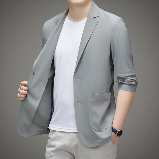 EQJ高档品牌冰丝高弹男士外套夏季新款纯色休闲轻薄款防晒西服 藏青 XL 适合150-170斤