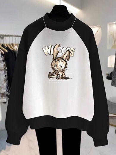 
GTYUWVG half turtleneck sweatshirt for women's autumn clothes new loose European style contrasting color raglan plus velvet thickened rabbit top coat 6227 flower gray blue half turtleneck raglan sleeves plus S 80-100Jin [Jin equals 0.5 kg]