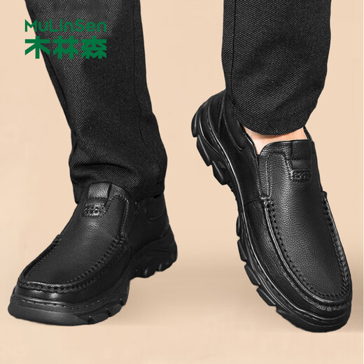MULINSEN men's toe-layer cowhide business casual shoes, thick sole wear-resistant middle-aged dad shoes 19215