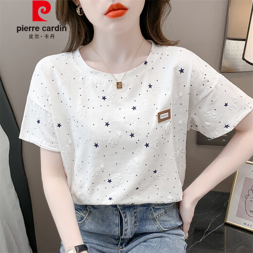 皮尔卡丹（pierre cardin）纯棉印花t恤女短袖夏装2025年新款宽松印花设计感百搭t恤上衣潮 1396#白色 M 适合100-109斤