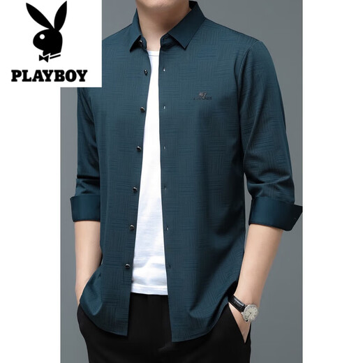 花花公子（PLAYBOY）酒红色衬衫男长袖婚庆春秋薄款爸爸婚宴装结婚礼服喜公 酒红色 M 170/92A