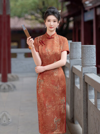 Cheongjing Cheongsam Chinese style small man in college entrance examination cheongsam mother in daily life can wear dress light summer clothes plus orange red style 1278 orange red style 1278 M