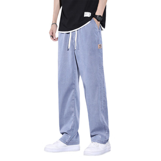 Qishi Dog (QIJUNGOU) Tiansi Jeans Men's Summer Style Straight Loose Wide Legs Sliding Sports Ice Silk Casual 1048 Black M (Size 28-29)