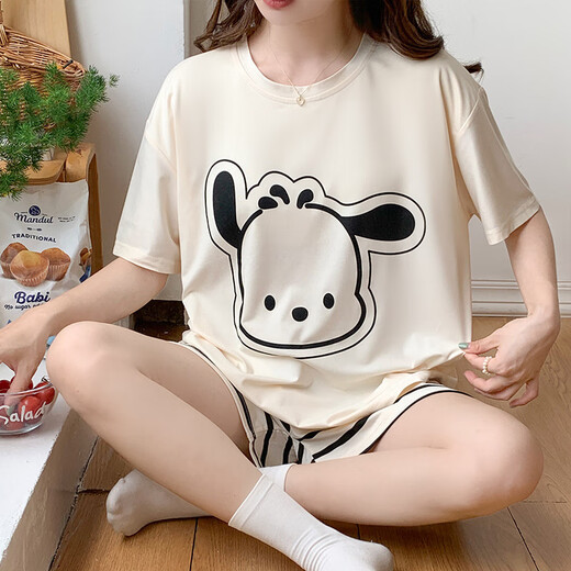 Xushansi pajamas for women in summer short-sleeved thin loose large-size summer girl cartoon cute style can be worn outside home clothing suit 679 green dinosaur M suggests 80-90Jin [Jin equals 0.5 kg]