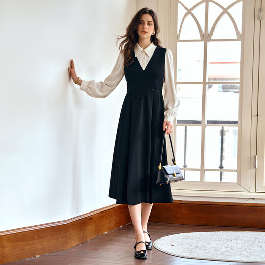 
Olrain Elegant Contrast Color Splicing Fake Two-Piece Dress for Women in Autumn 2025 New Long Sleeve Skirt Black M
