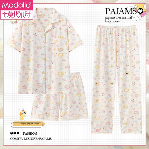 Modal green fresh pure cotton gauze pajamas for women in spring and summer short-sleeved student cute girl three-piece set home clothes Yunduo Cotton-9905# Black Love Three-piece Set M [Suggestion 75-100Jin [Jin equals 0.5 kg]]