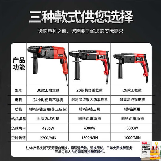 大团小圆欧约轻型电锤电镐电钻小型家用大功率冲击钻工业级混凝土电升级款 26款3880W活动款两用【钻/锤】+3