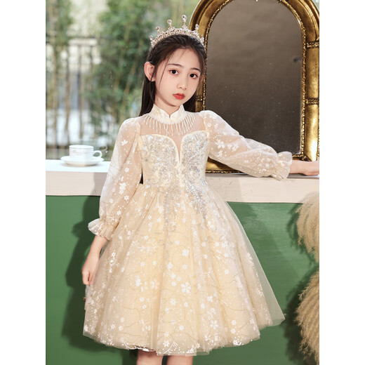 Gemmes colorés Petite fille robe haut de gamme Robe princesse Girls Performance Suit Light Luxury Niche Host 9215 White Long Mancheve [Jupe simple] M 120C