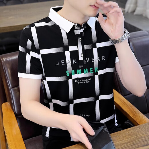
ROMON casual versatile lapel POLO shirt trendy letter printing men's short-sleeved T-shirt 2025 summer new top F9230 black [quality guarantee] 2XL 135-150Jin [Jin equals 0.5 kg]