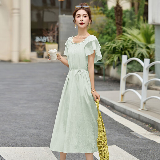 Ehangy国际轻奢女装高端连衣裙夏季新款2025设计感减龄气质中长款裙子 浅绿色【高端礼盒】 XL