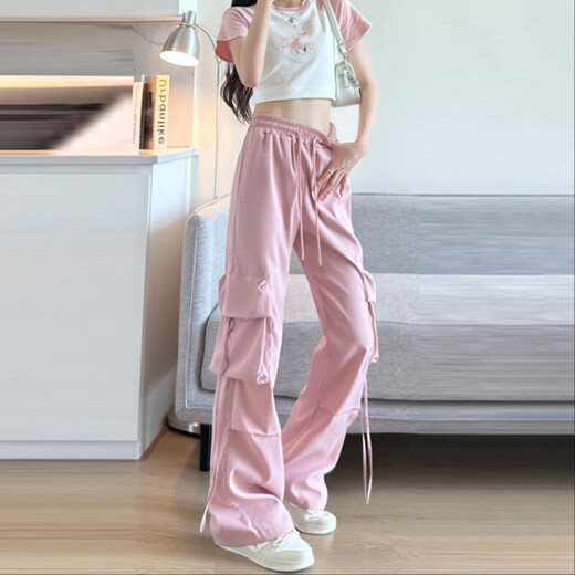
Blue American work pants for women in summer high waist wide legs draping loose straight tube quick-dry parachute quick-drying sports pants Ant-687 [Pink] 5XL