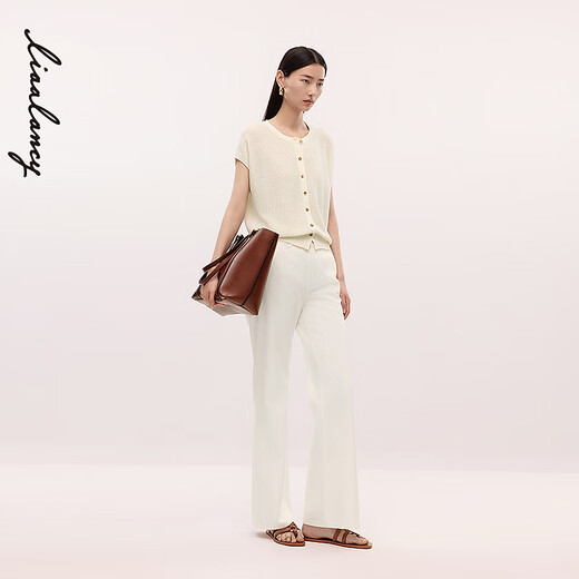 LANCY/LANCY autumn new high-end texture round neck cap shoulder sleeves short temperament knitted cardigan for women original white 2XL