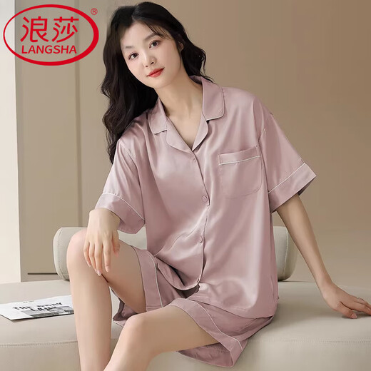 浪莎（LangSha）轻奢高端睡衣女士夏季薄款冰丝短袖短裤开衫简约家居服仿真套装 F-16802 M
