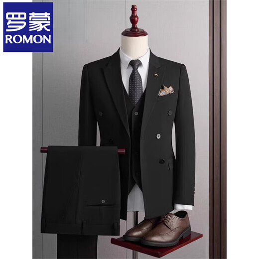 Luo Meng Suit Men's 2025 Autumn and Winter Black Formal Groom Wedding Dress Double-breasted Suit Jacket Single Dress Black XL 125-140Jin Jin is equal to 0.5 kg