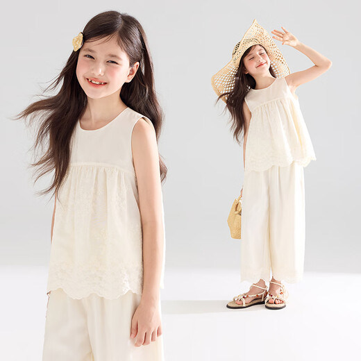Mucmukn [Summer of Island City] Tians Laiser Lace sleeveless vest shirt Seaside vacation wide-leg pants Girls summer pants M52XK3881B beige 130